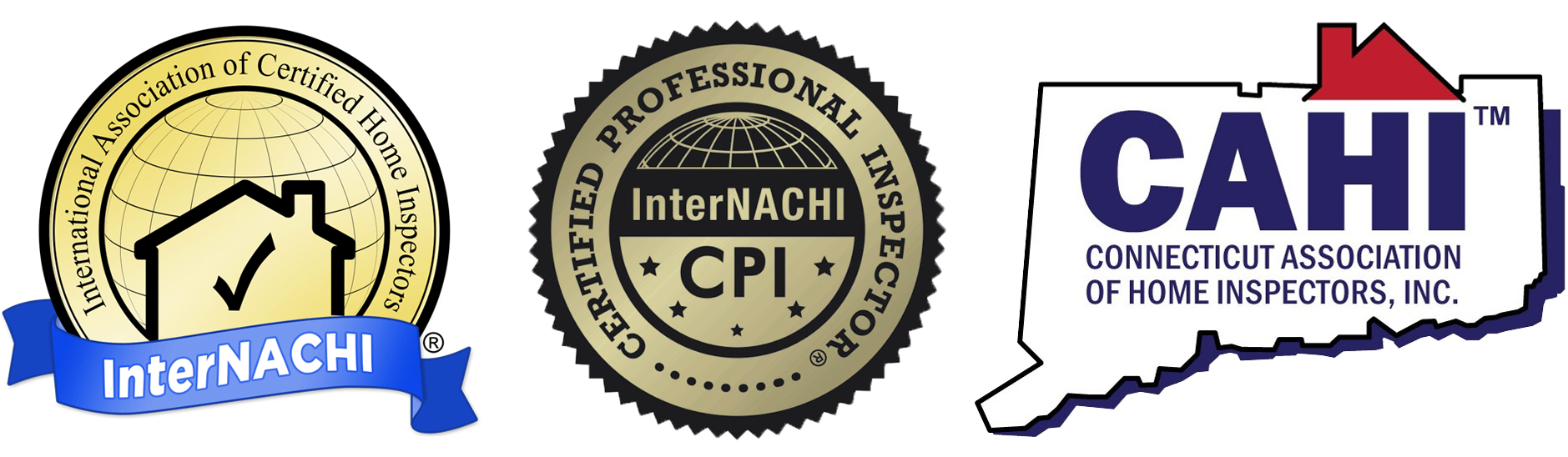 International Association of Certified Home Inspectors Member logo, InterNACHI Certified Professional Inspector (CPI) logo, CAHI Connecticut Association of Home Inspectors logo