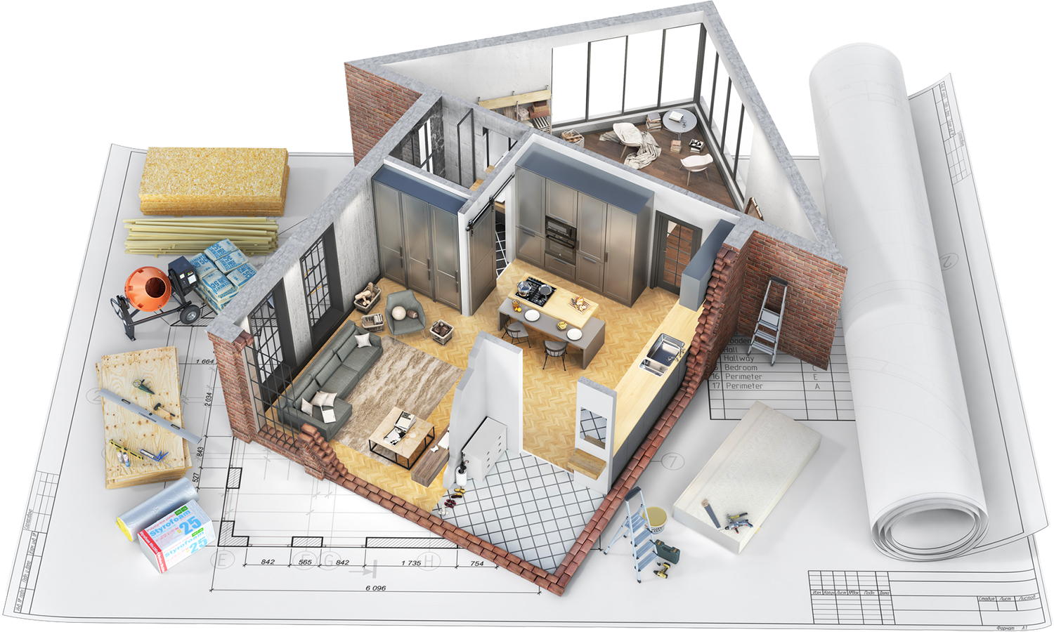 Interior and exterior model of a house being constructed before home inspection